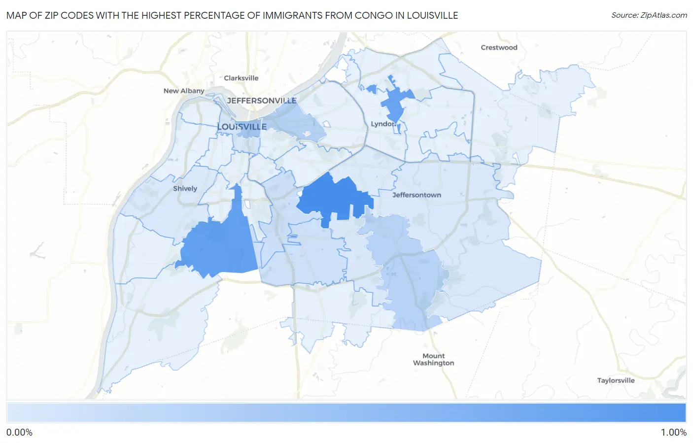 Zip Codes with the Highest Percentage of Immigrants from Congo in Louisville Map