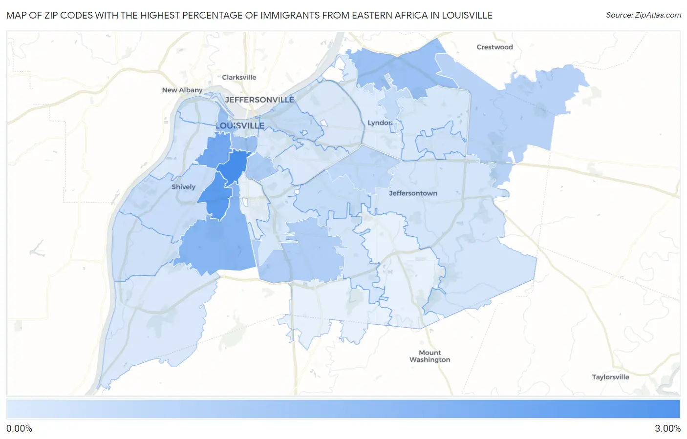 Zip Codes with the Highest Percentage of Immigrants from Eastern Africa in Louisville Map