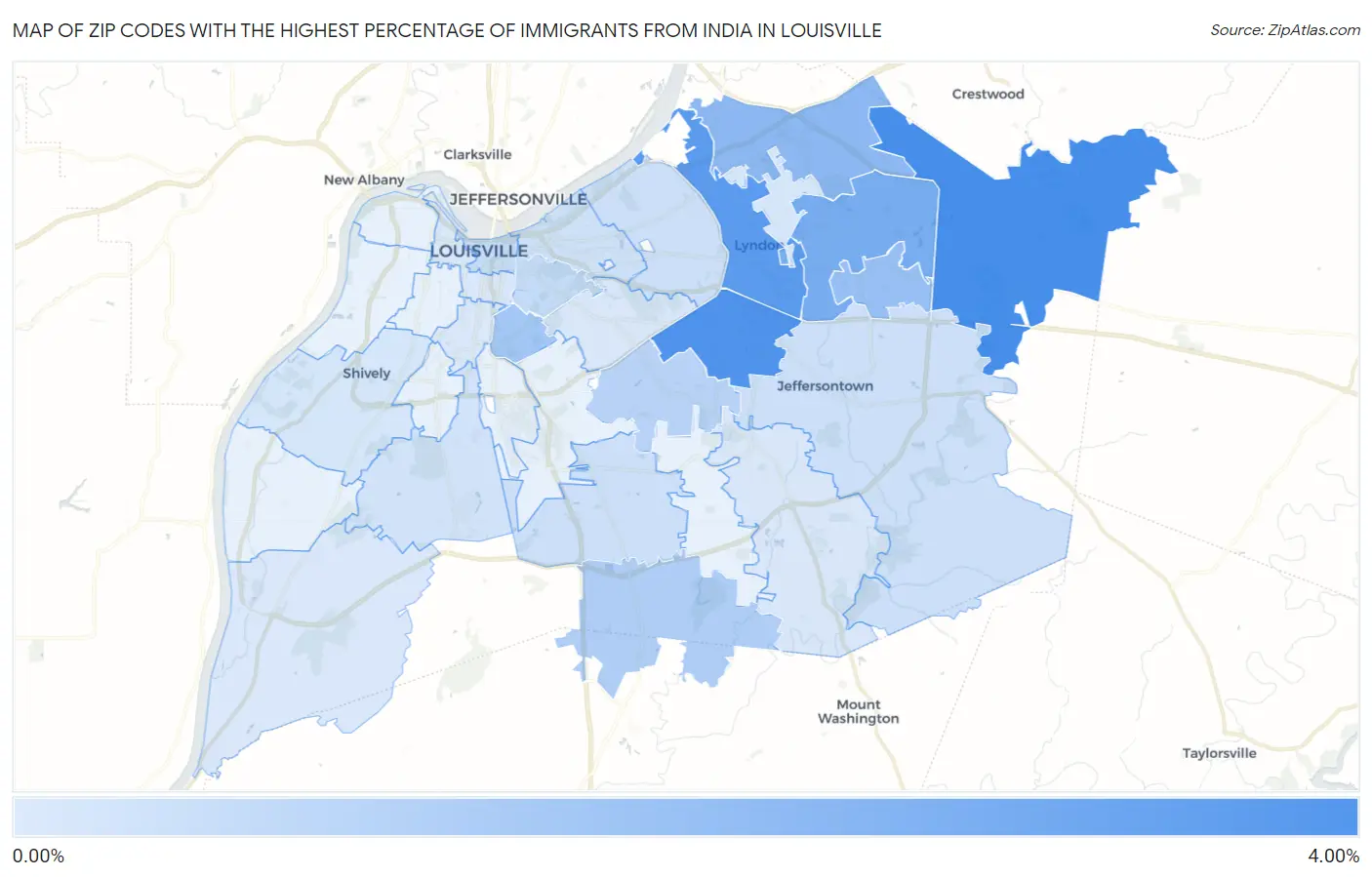 Zip Codes with the Highest Percentage of Immigrants from India in Louisville Map