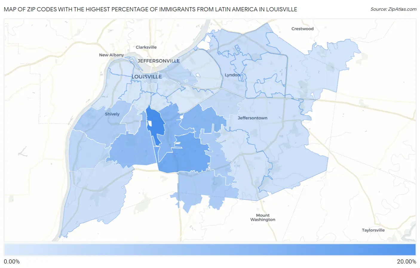 Zip Codes with the Highest Percentage of Immigrants from Latin America in Louisville Map