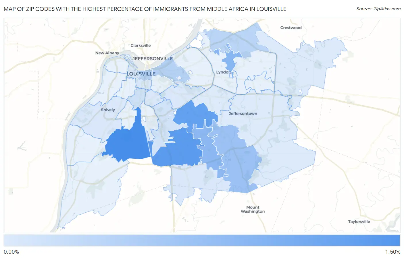 Zip Codes with the Highest Percentage of Immigrants from Middle Africa in Louisville Map
