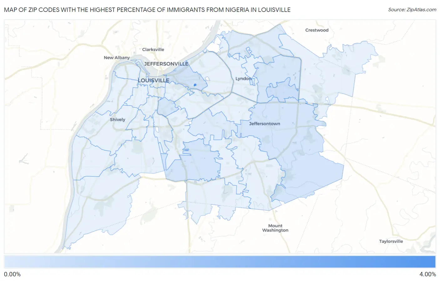 Zip Codes with the Highest Percentage of Immigrants from Nigeria in Louisville Map