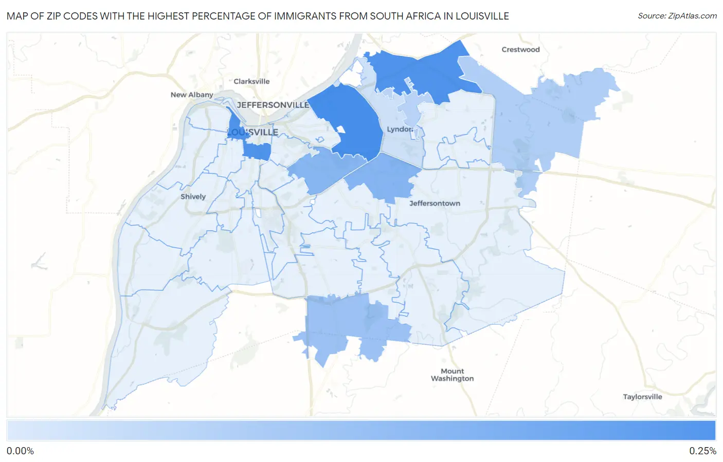 Zip Codes with the Highest Percentage of Immigrants from South Africa in Louisville Map