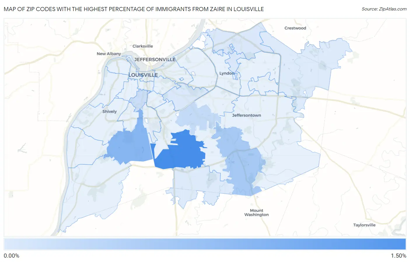 Zip Codes with the Highest Percentage of Immigrants from Zaire in Louisville Map