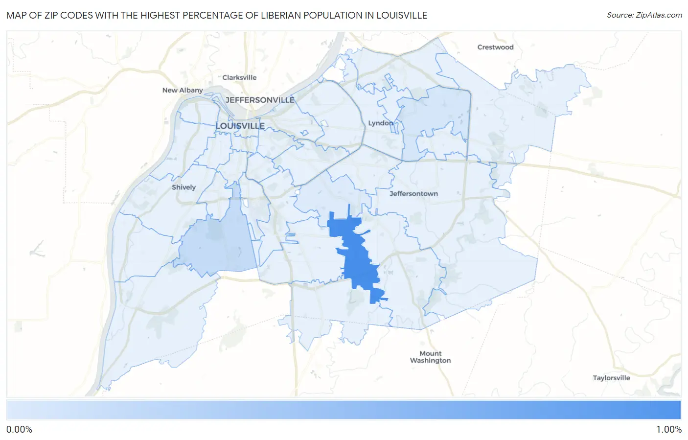 Zip Codes with the Highest Percentage of Liberian Population in Louisville Map