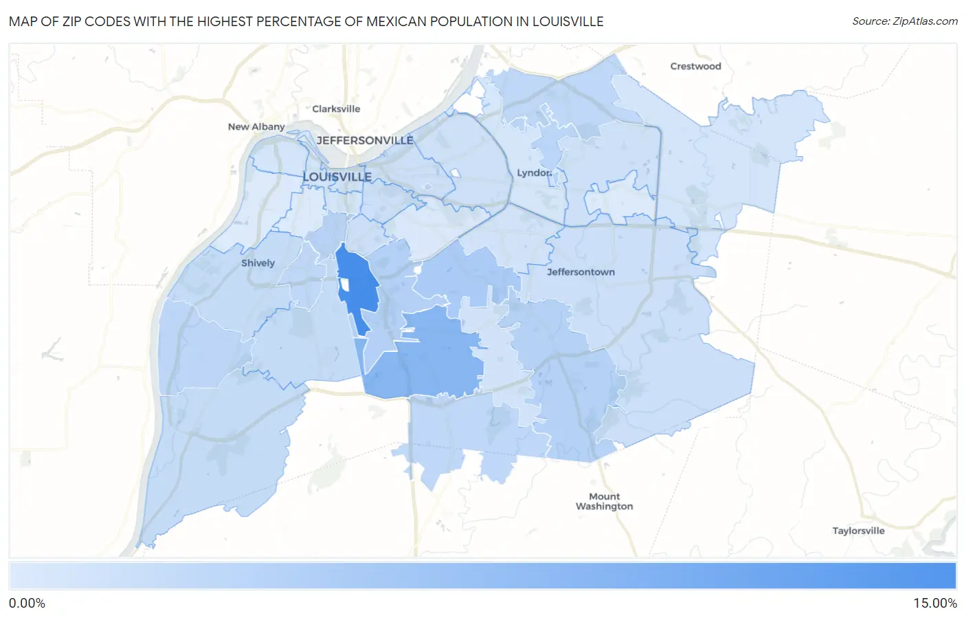 Zip Codes with the Highest Percentage of Mexican Population in Louisville Map