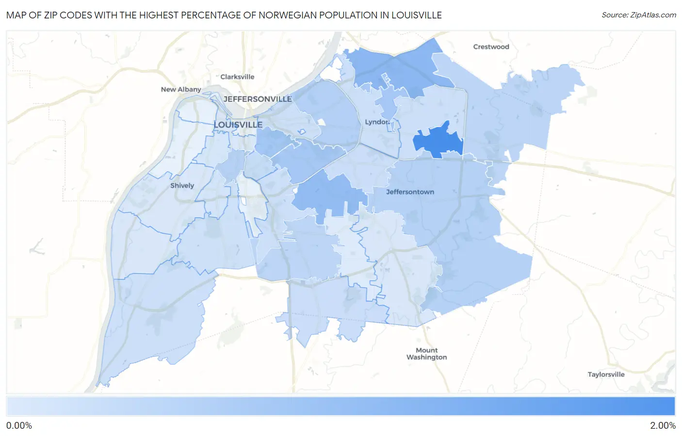 Zip Codes with the Highest Percentage of Norwegian Population in Louisville Map