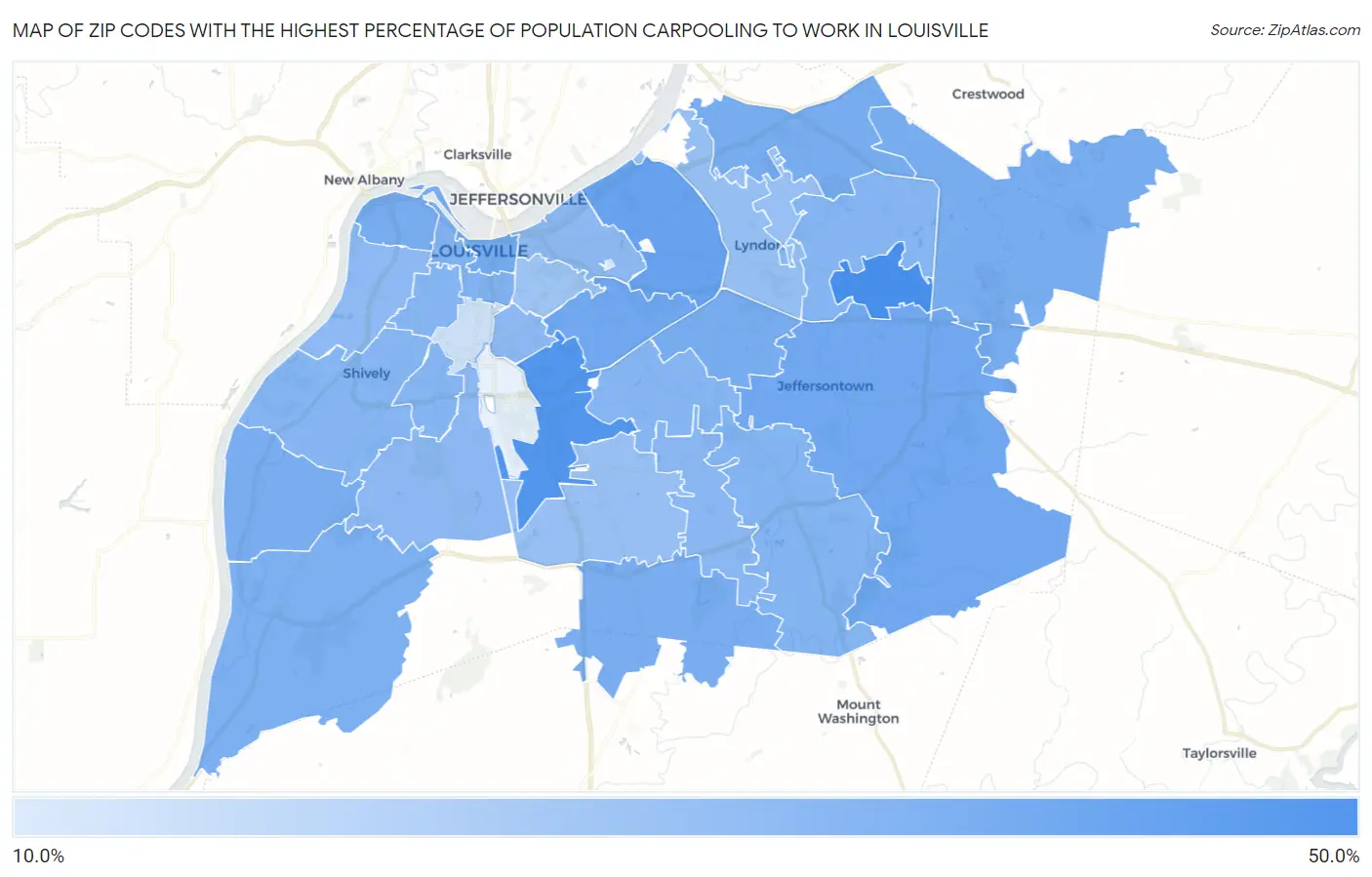 Zip Codes with the Highest Percentage of Population Carpooling to Work in Louisville Map