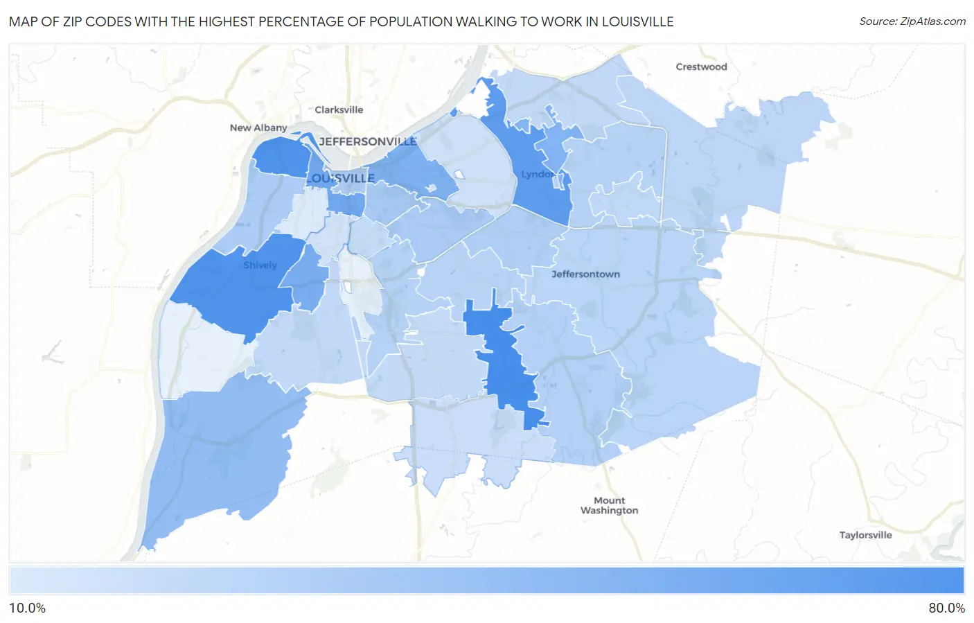 Zip Codes with the Highest Percentage of Population Walking to Work in Louisville Map