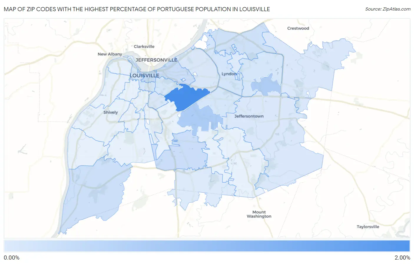 Zip Codes with the Highest Percentage of Portuguese Population in Louisville Map