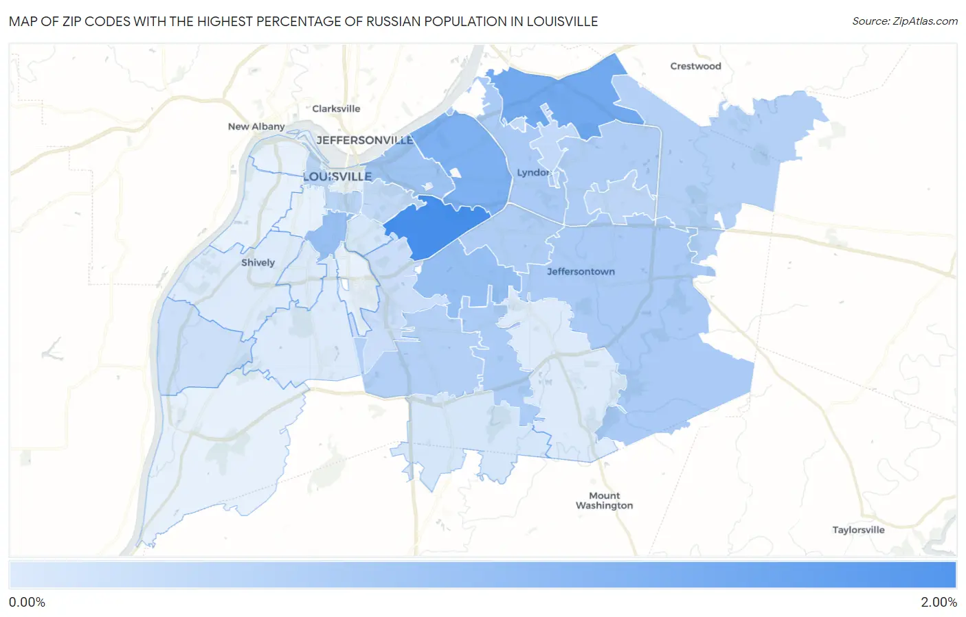 Zip Codes with the Highest Percentage of Russian Population in Louisville Map