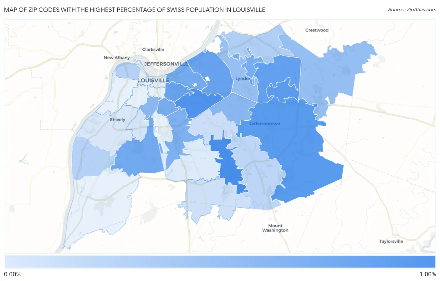 Zip Codes with the Highest Percentage of Swiss Population in Louisville Map