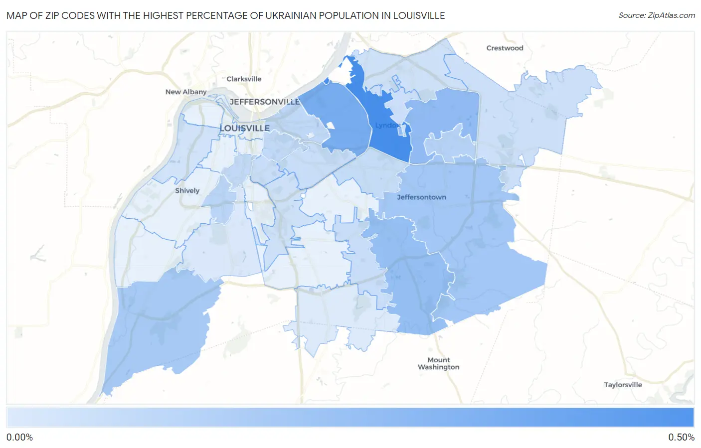 Zip Codes with the Highest Percentage of Ukrainian Population in Louisville Map