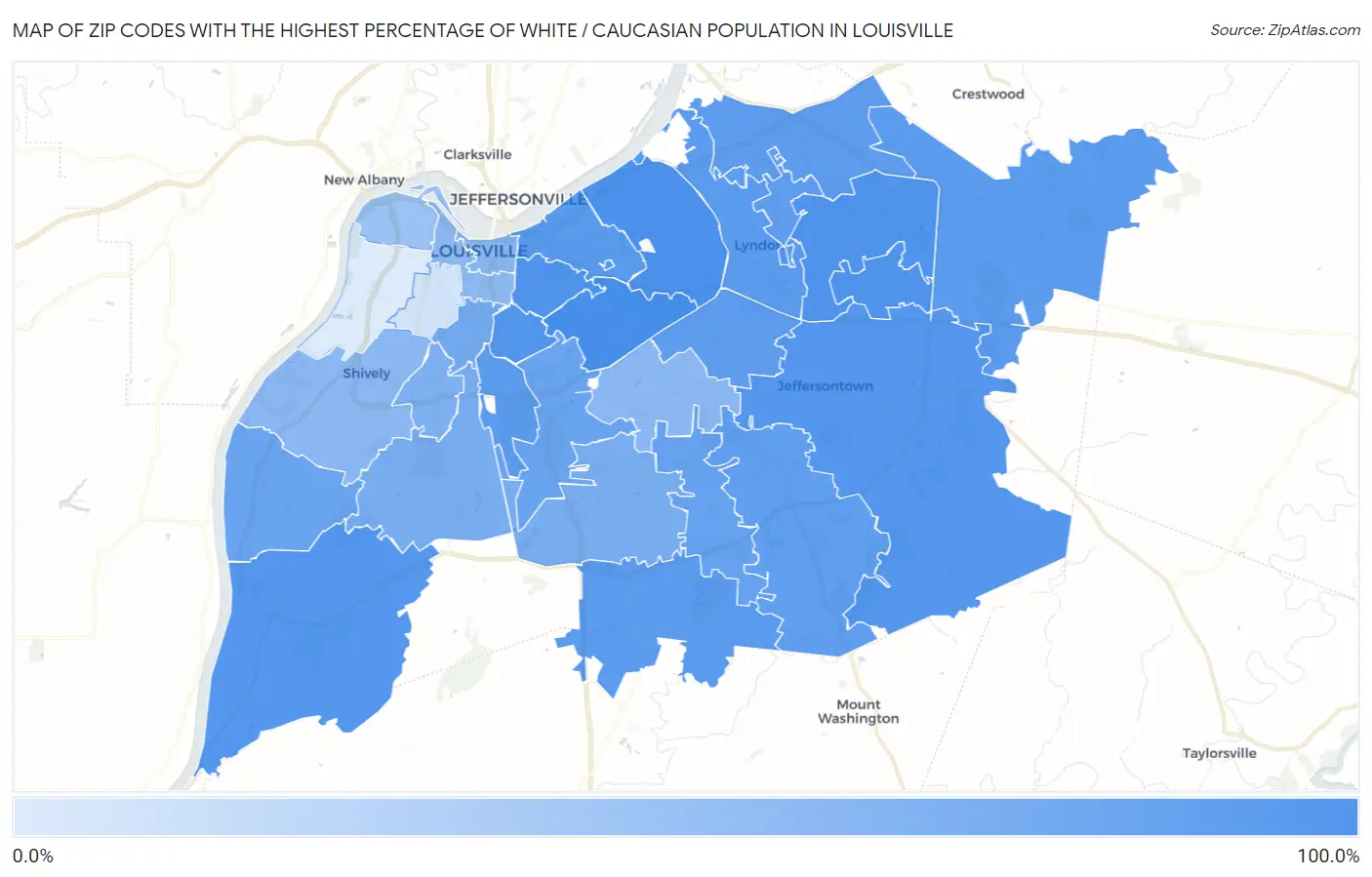 Zip Codes with the Highest Percentage of White / Caucasian Population in Louisville Map