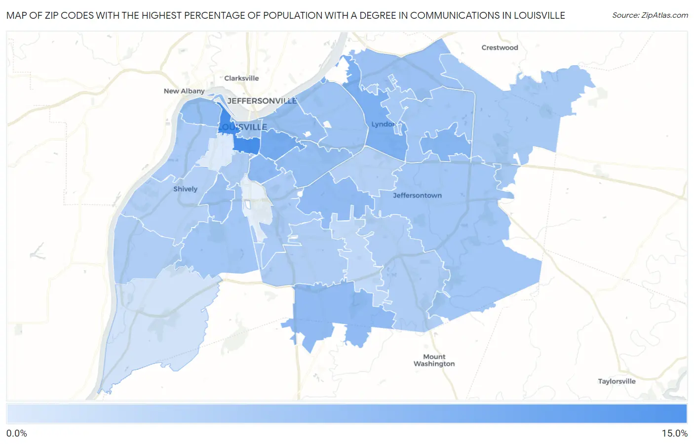 Zip Codes with the Highest Percentage of Population with a Degree in Communications in Louisville Map