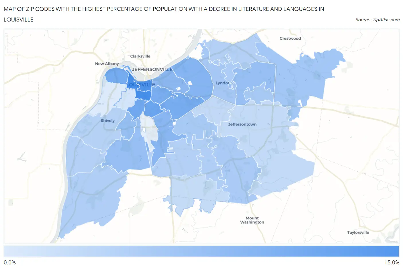 Zip Codes with the Highest Percentage of Population with a Degree in Literature and Languages in Louisville Map