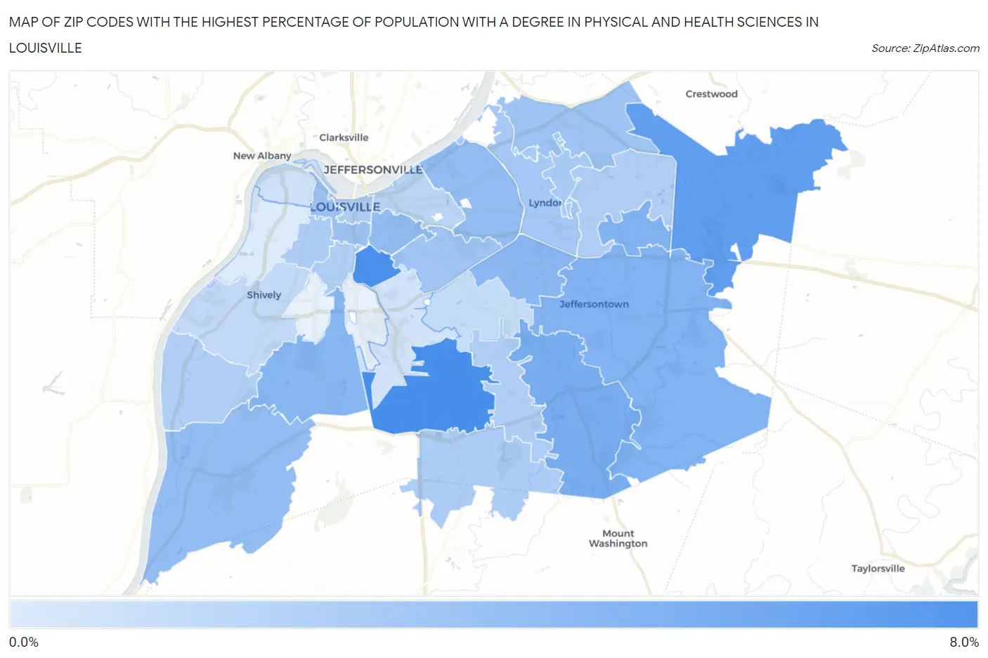Zip Codes with the Highest Percentage of Population with a Degree in Physical and Health Sciences in Louisville Map