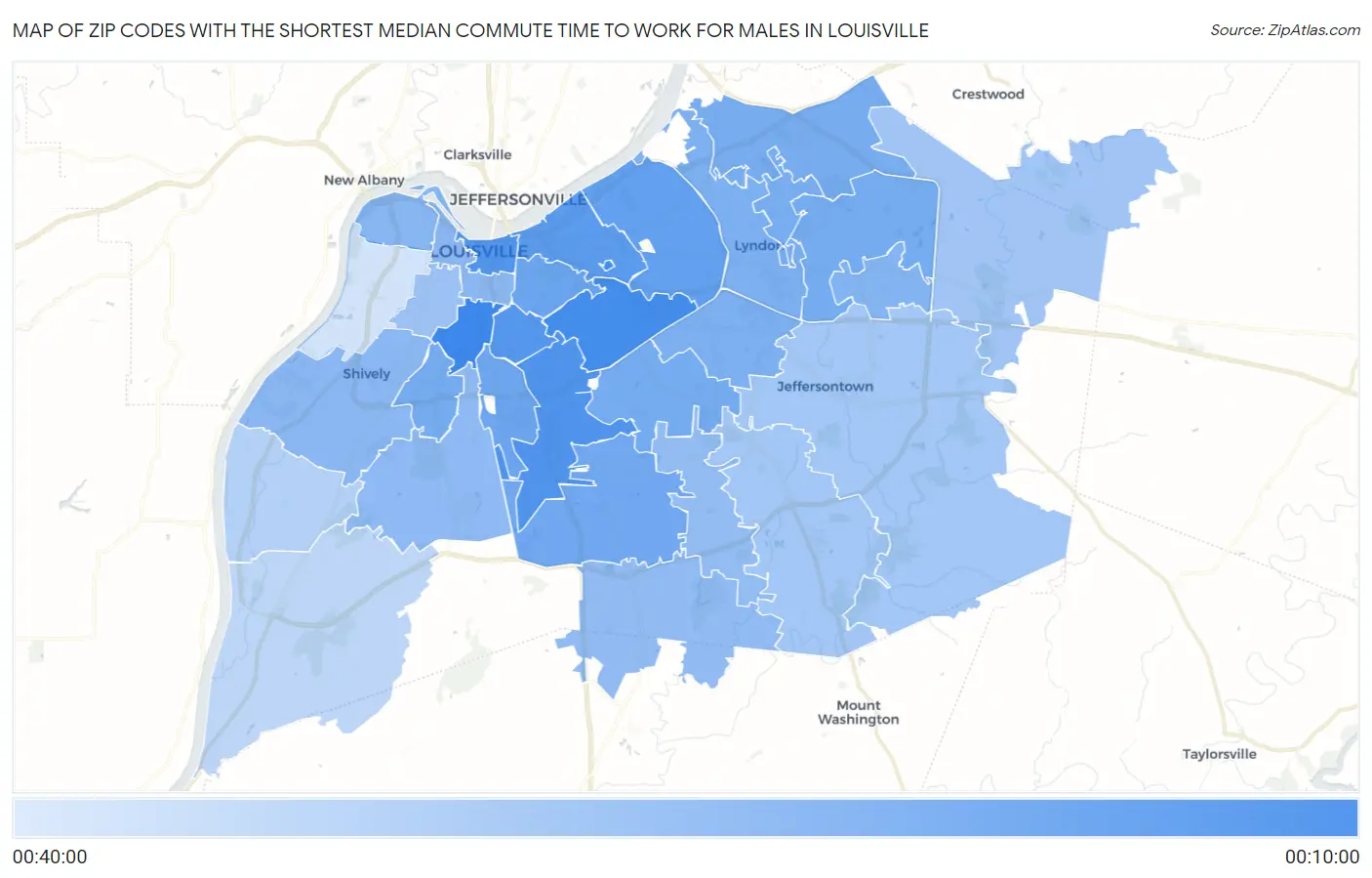 Zip Codes with the Shortest Median Commute Time to Work for Males in Louisville Map