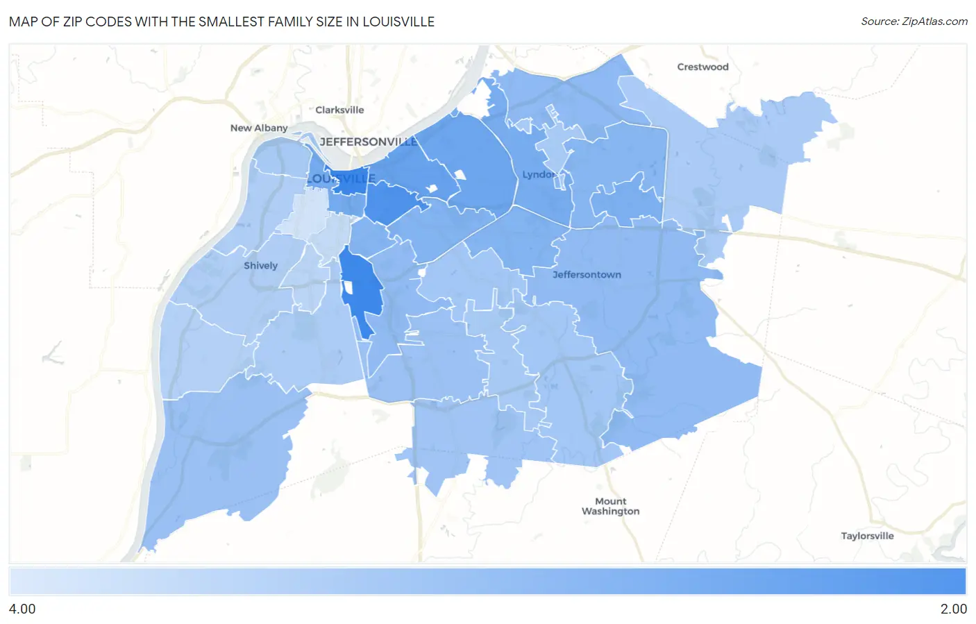 Zip Codes with the Smallest Family Size in Louisville Map