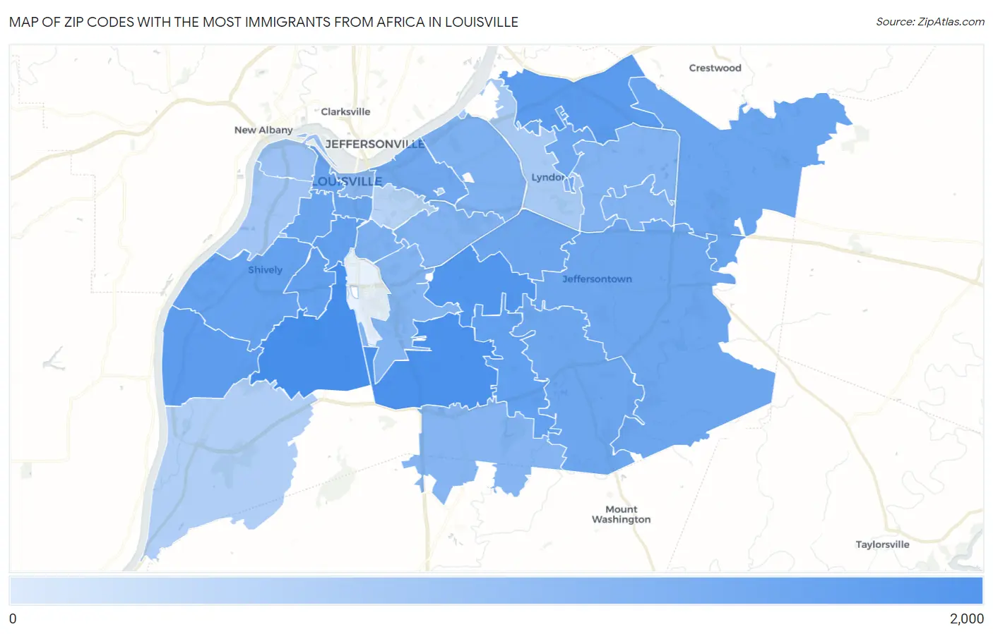 Zip Codes with the Most Immigrants from Africa in Louisville Map