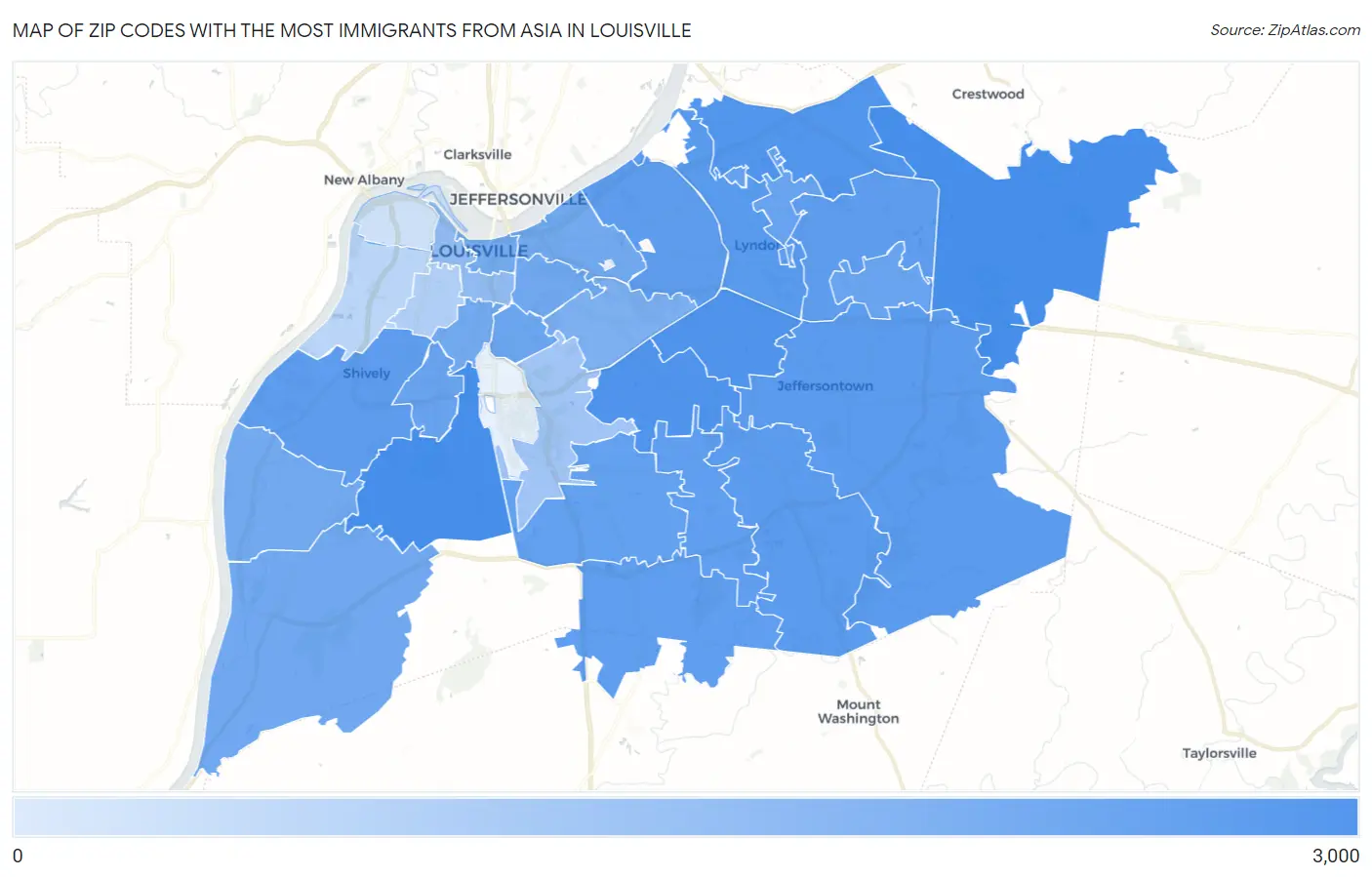 Zip Codes with the Most Immigrants from Asia in Louisville Map