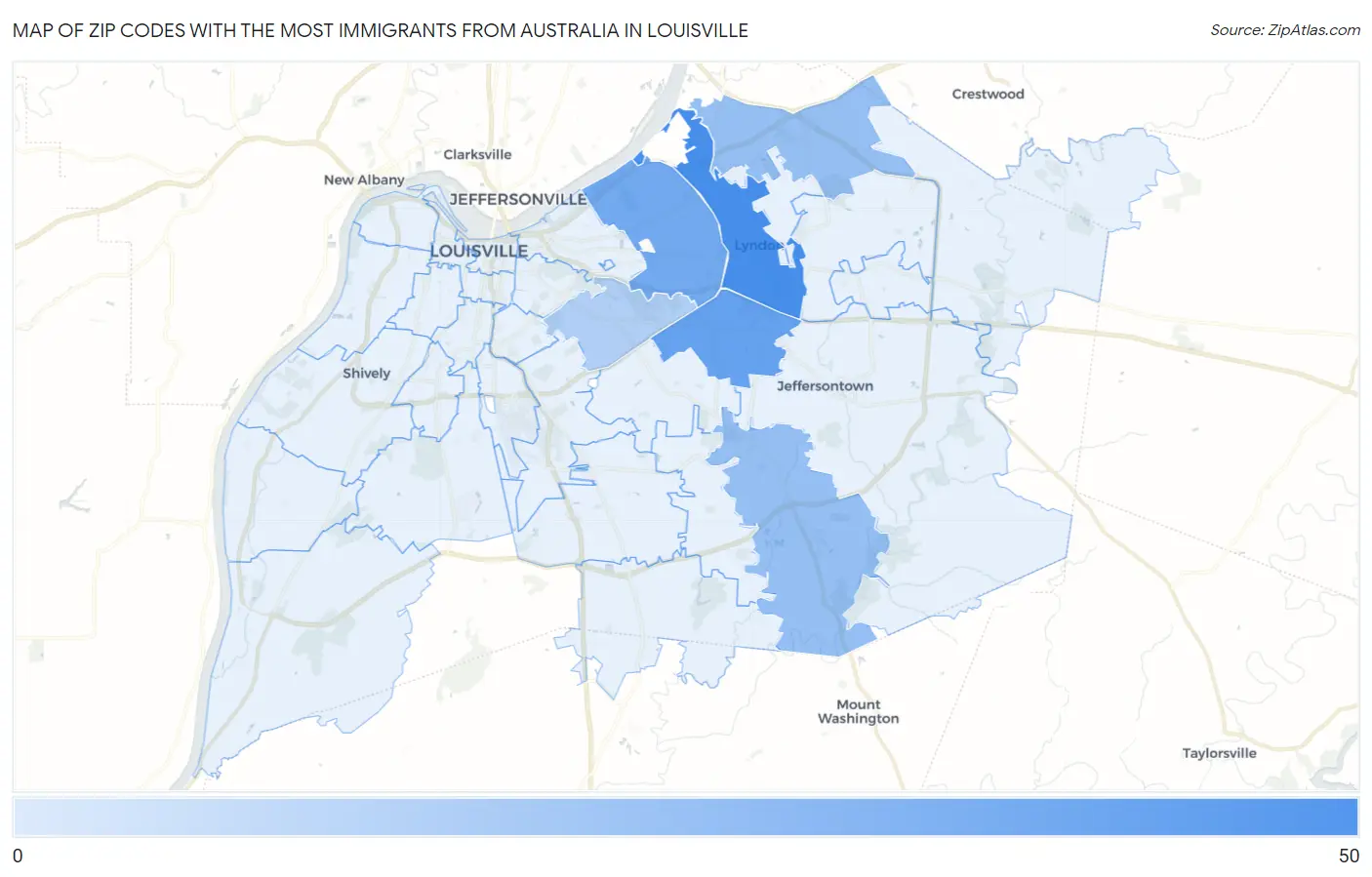 Zip Codes with the Most Immigrants from Australia in Louisville Map