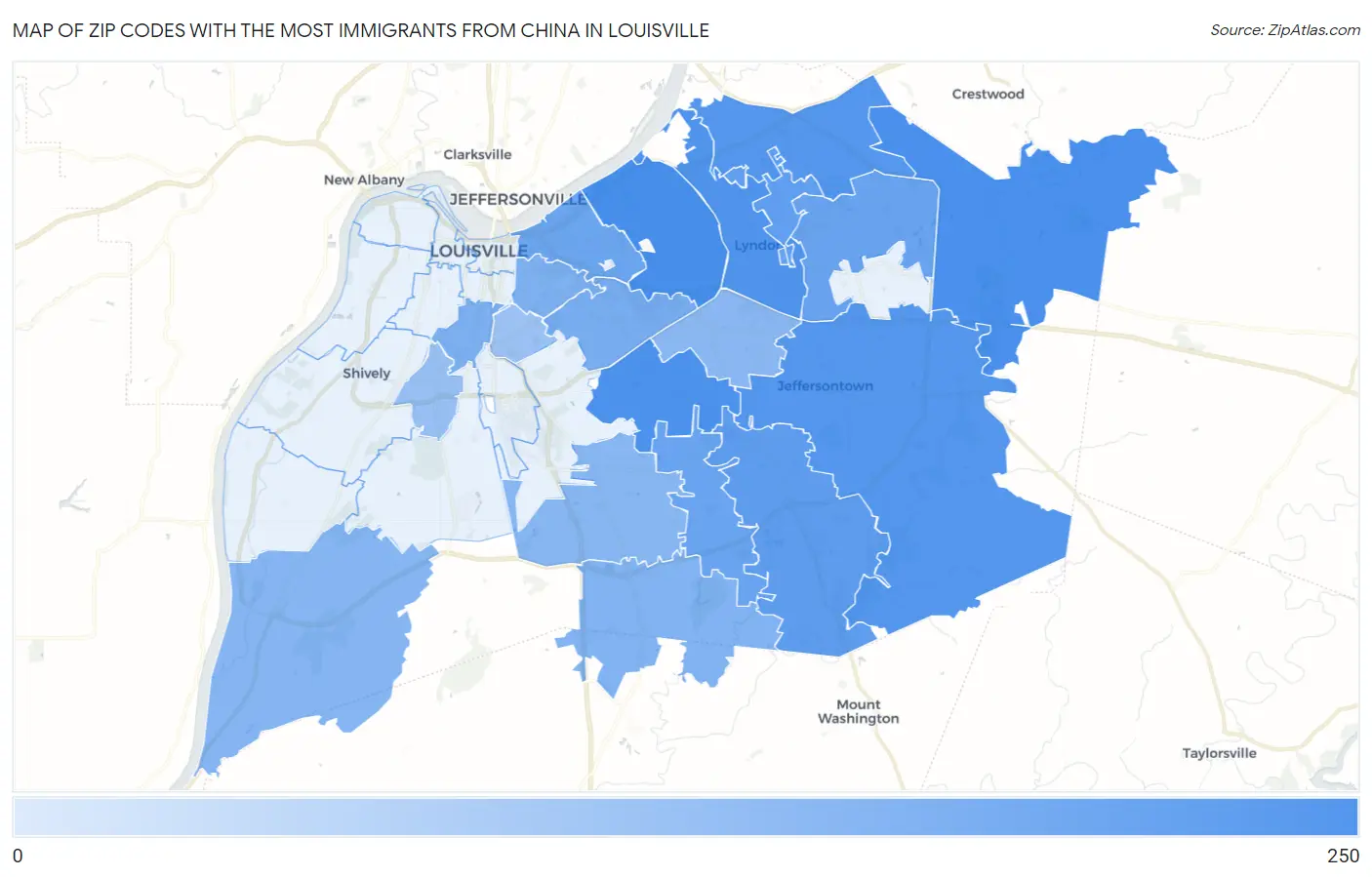 Zip Codes with the Most Immigrants from China in Louisville Map