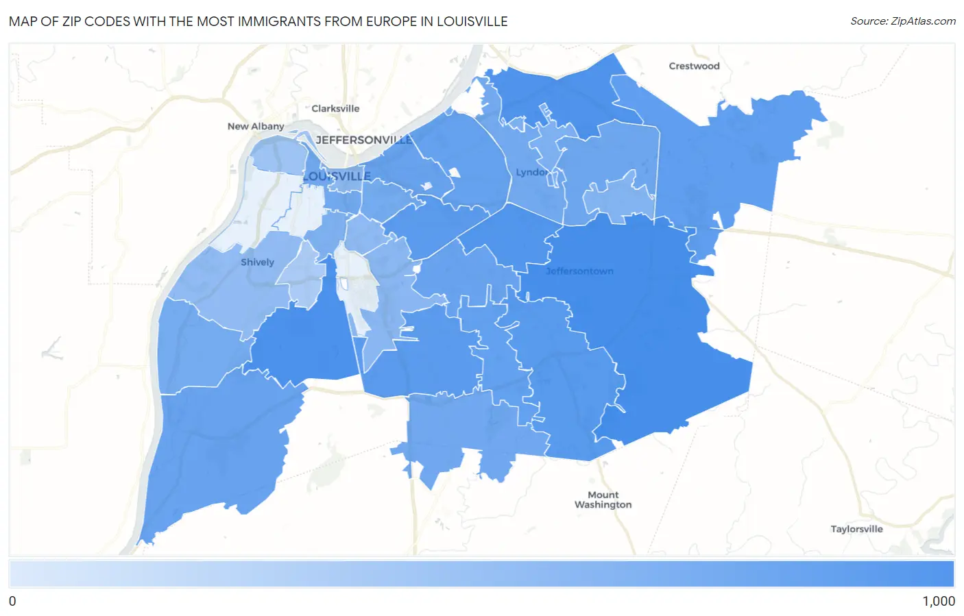 Zip Codes with the Most Immigrants from Europe in Louisville Map