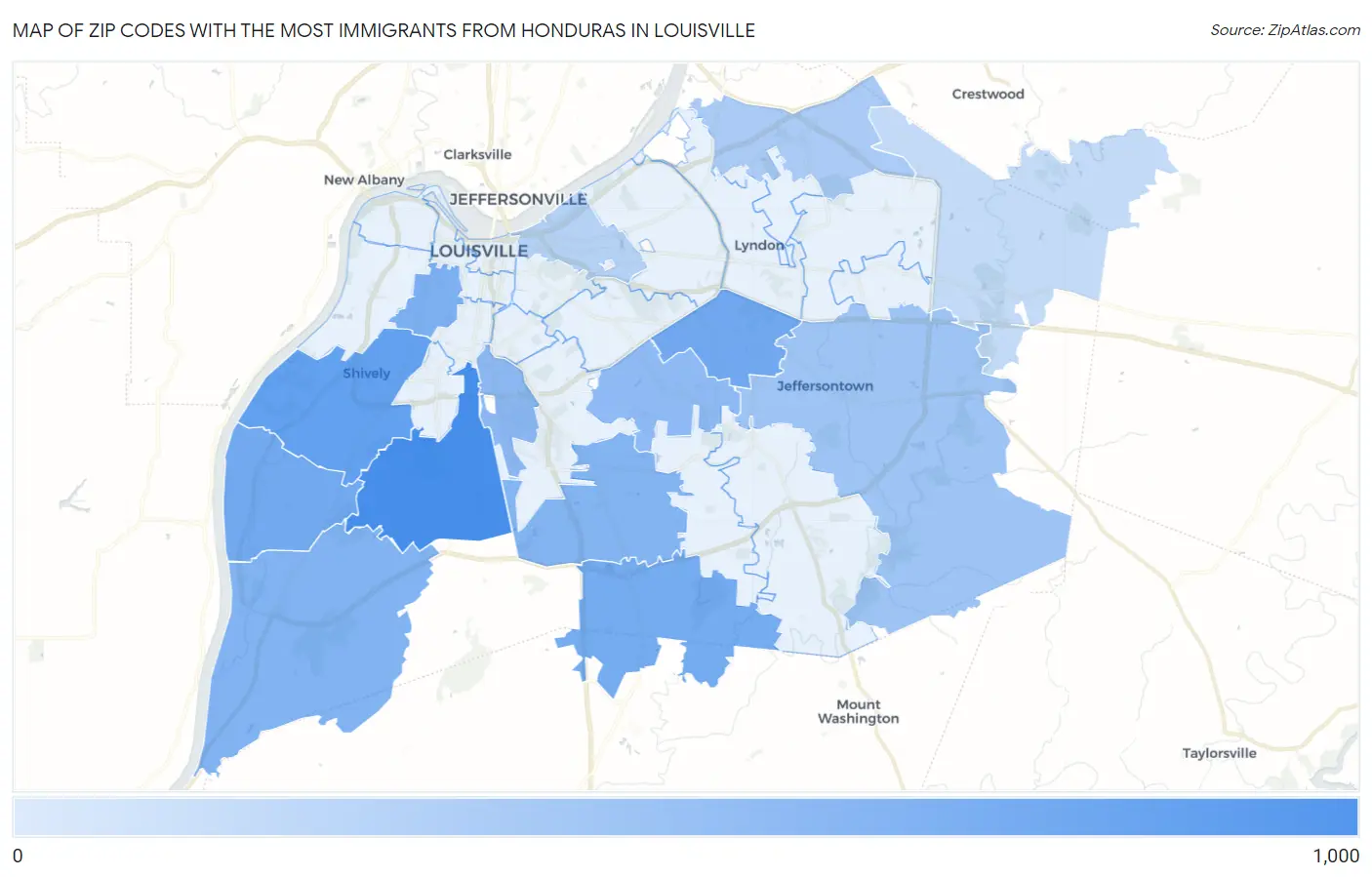 Zip Codes with the Most Immigrants from Honduras in Louisville Map