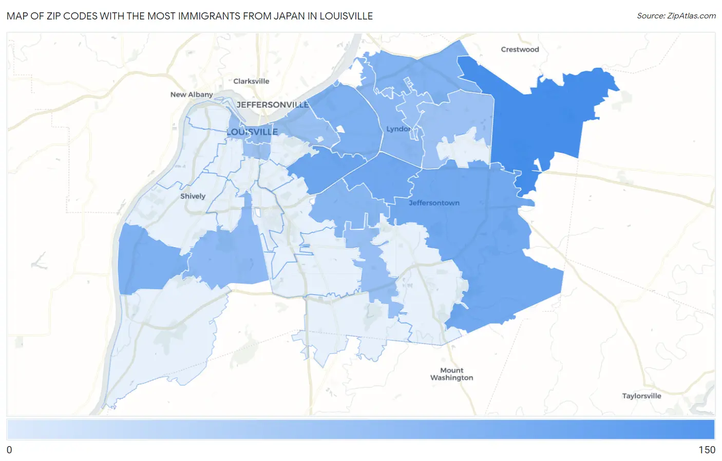 Zip Codes with the Most Immigrants from Japan in Louisville Map