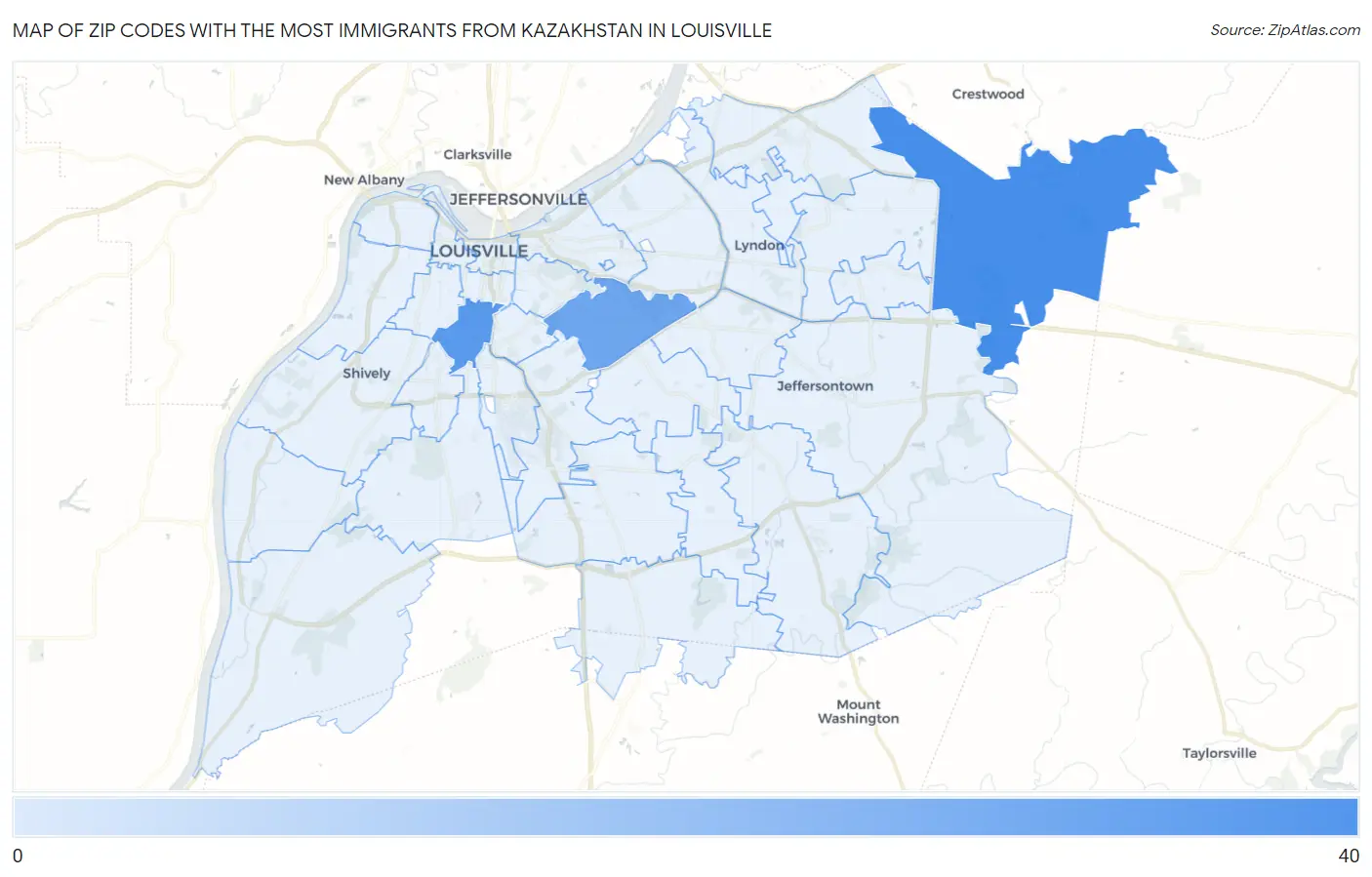 Zip Codes with the Most Immigrants from Kazakhstan in Louisville Map
