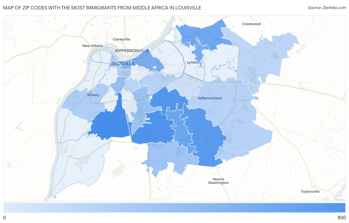 Zip Codes with the Most Immigrants from Middle Africa in Louisville Map