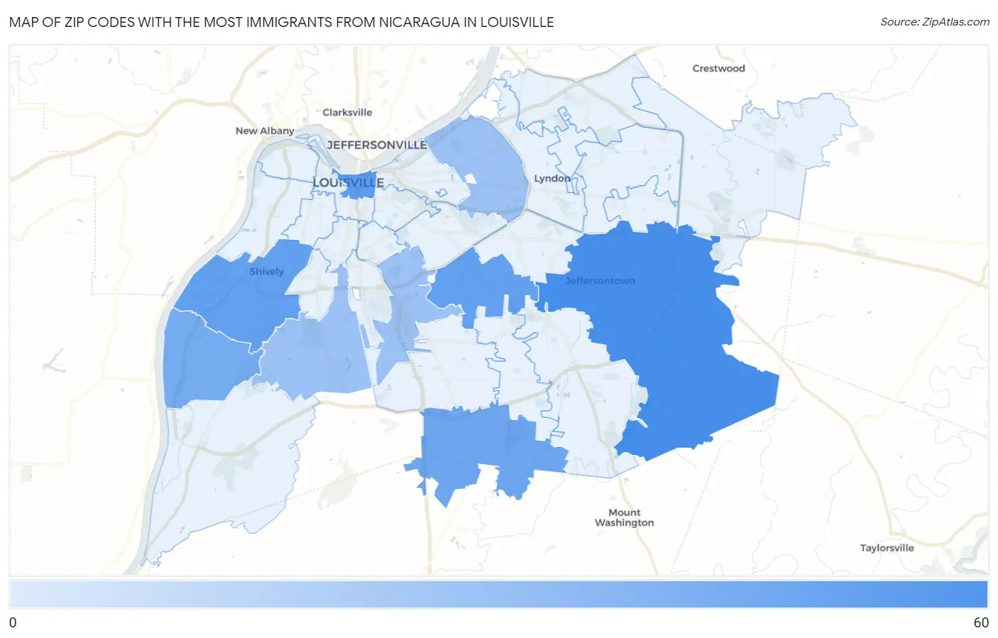 Zip Codes with the Most Immigrants from Nicaragua in Louisville Map