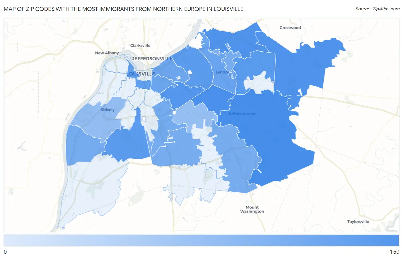 Zip Codes with the Most Immigrants from Northern Europe in Louisville Map