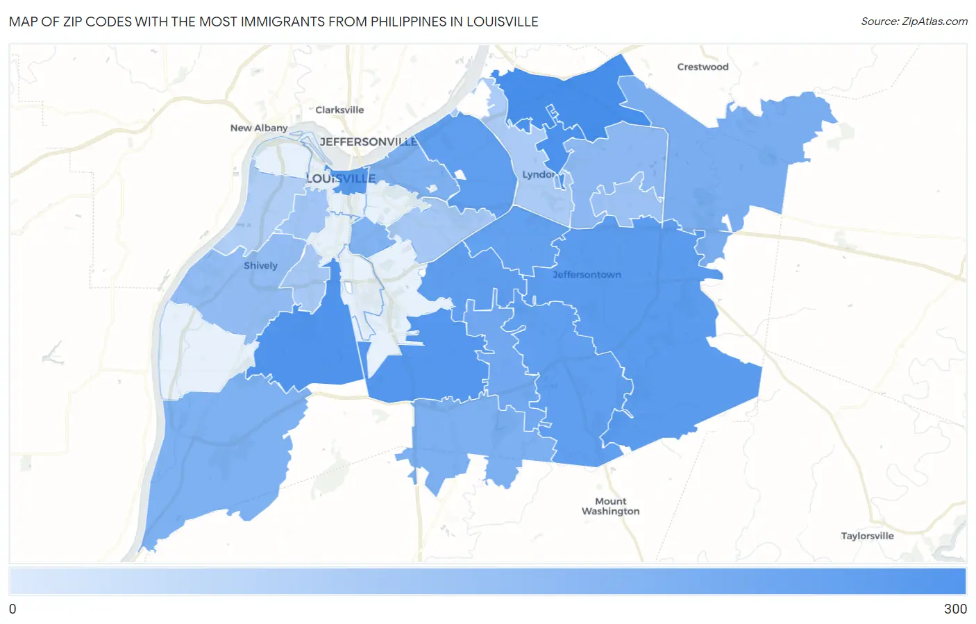 Zip Codes with the Most Immigrants from Philippines in Louisville Map