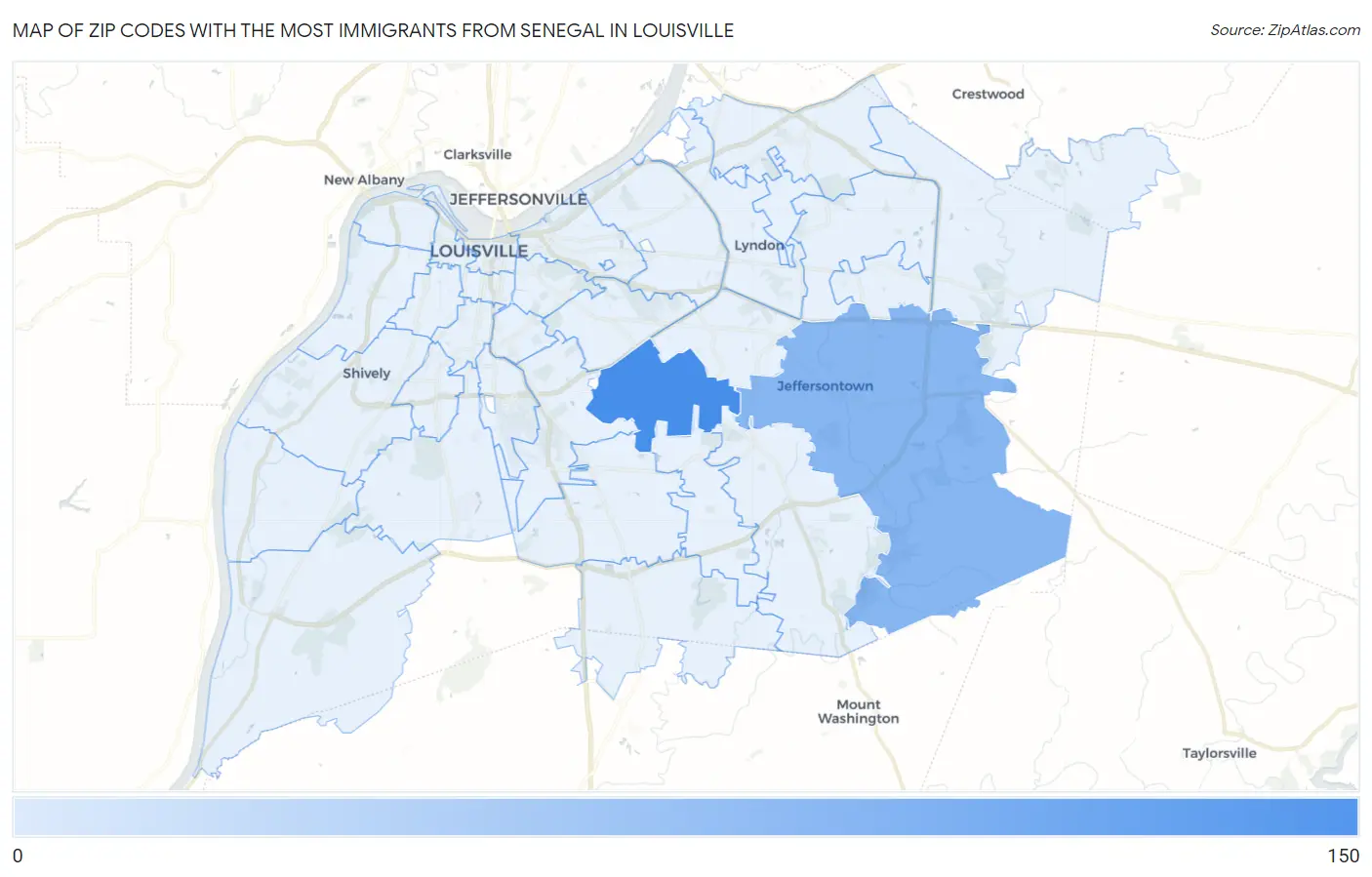 Zip Codes with the Most Immigrants from Senegal in Louisville Map