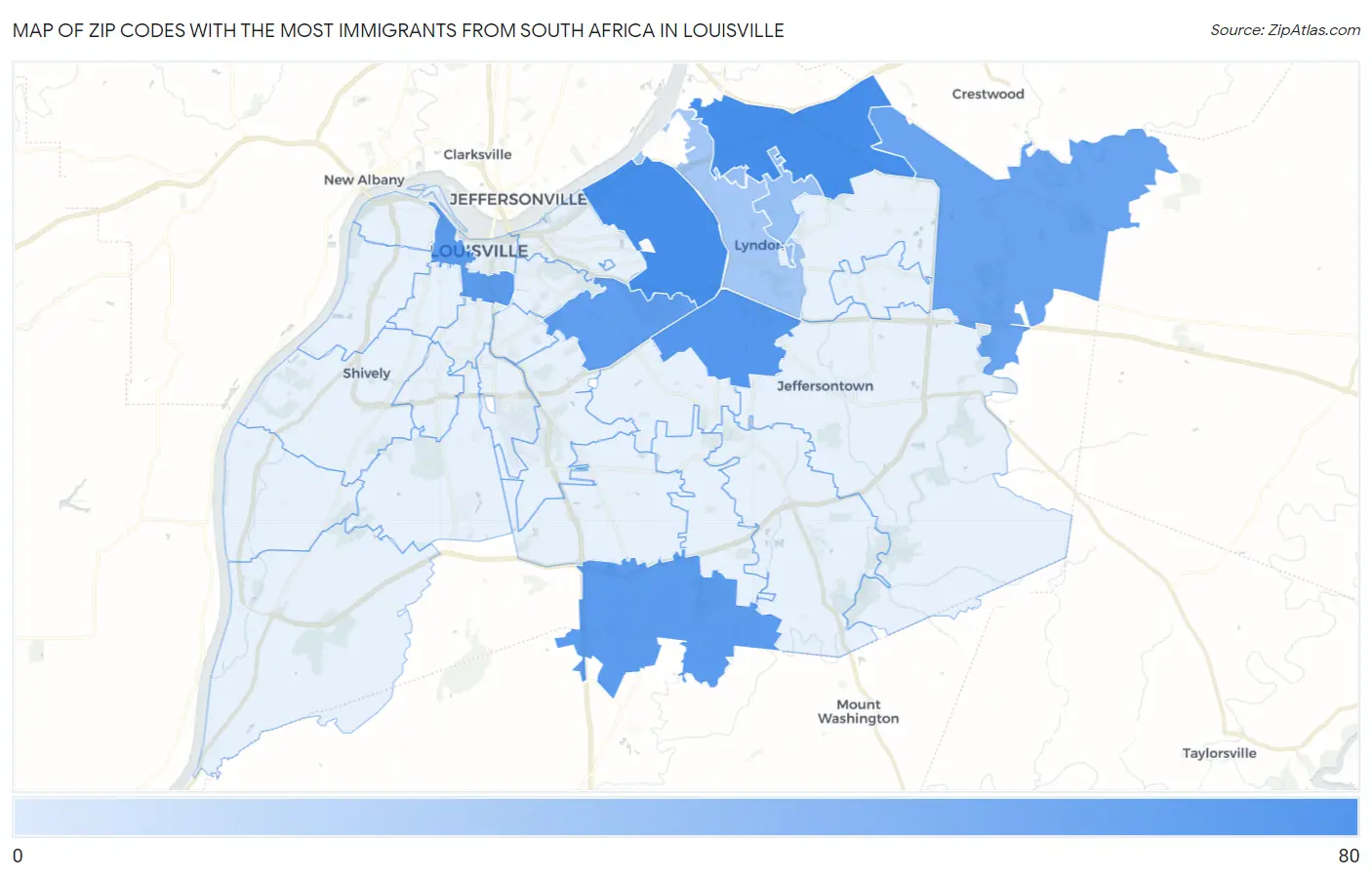 Zip Codes with the Most Immigrants from South Africa in Louisville Map