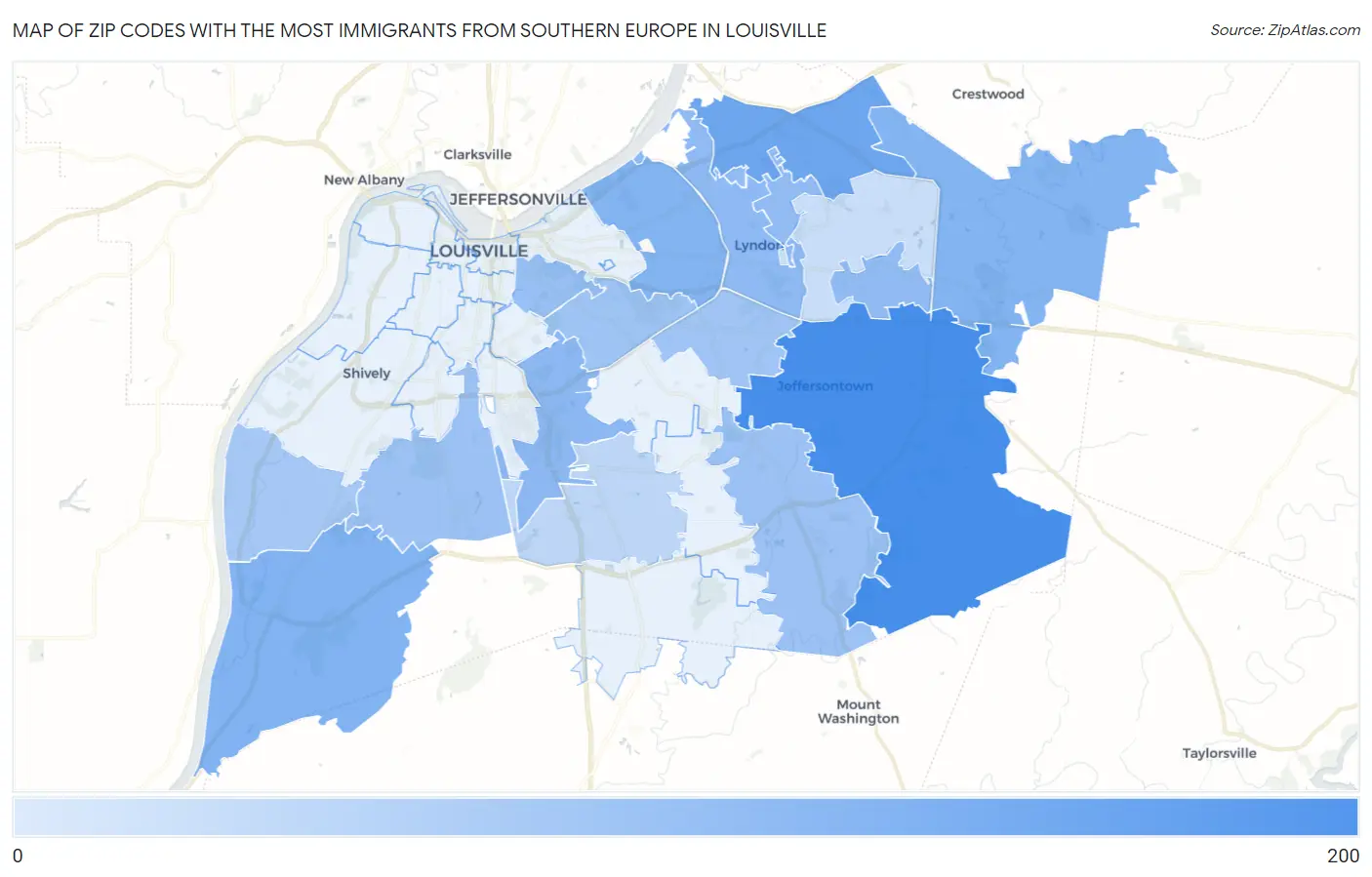 Zip Codes with the Most Immigrants from Southern Europe in Louisville Map