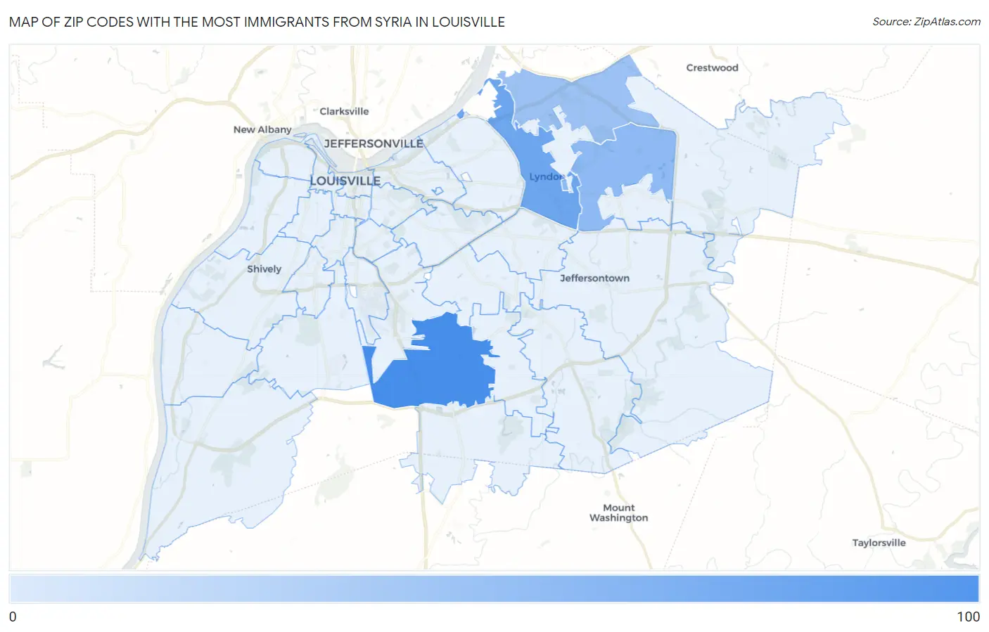 Zip Codes with the Most Immigrants from Syria in Louisville Map