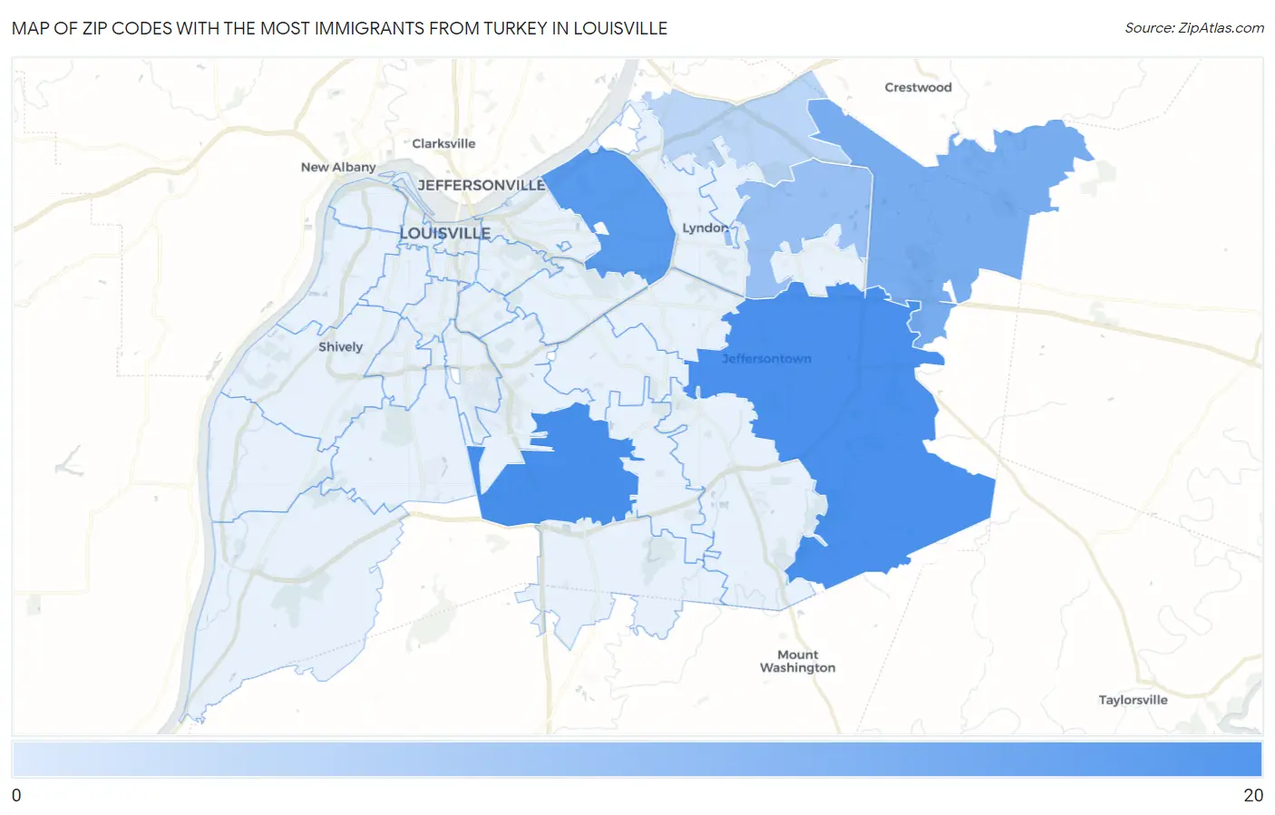 Zip Codes with the Most Immigrants from Turkey in Louisville Map