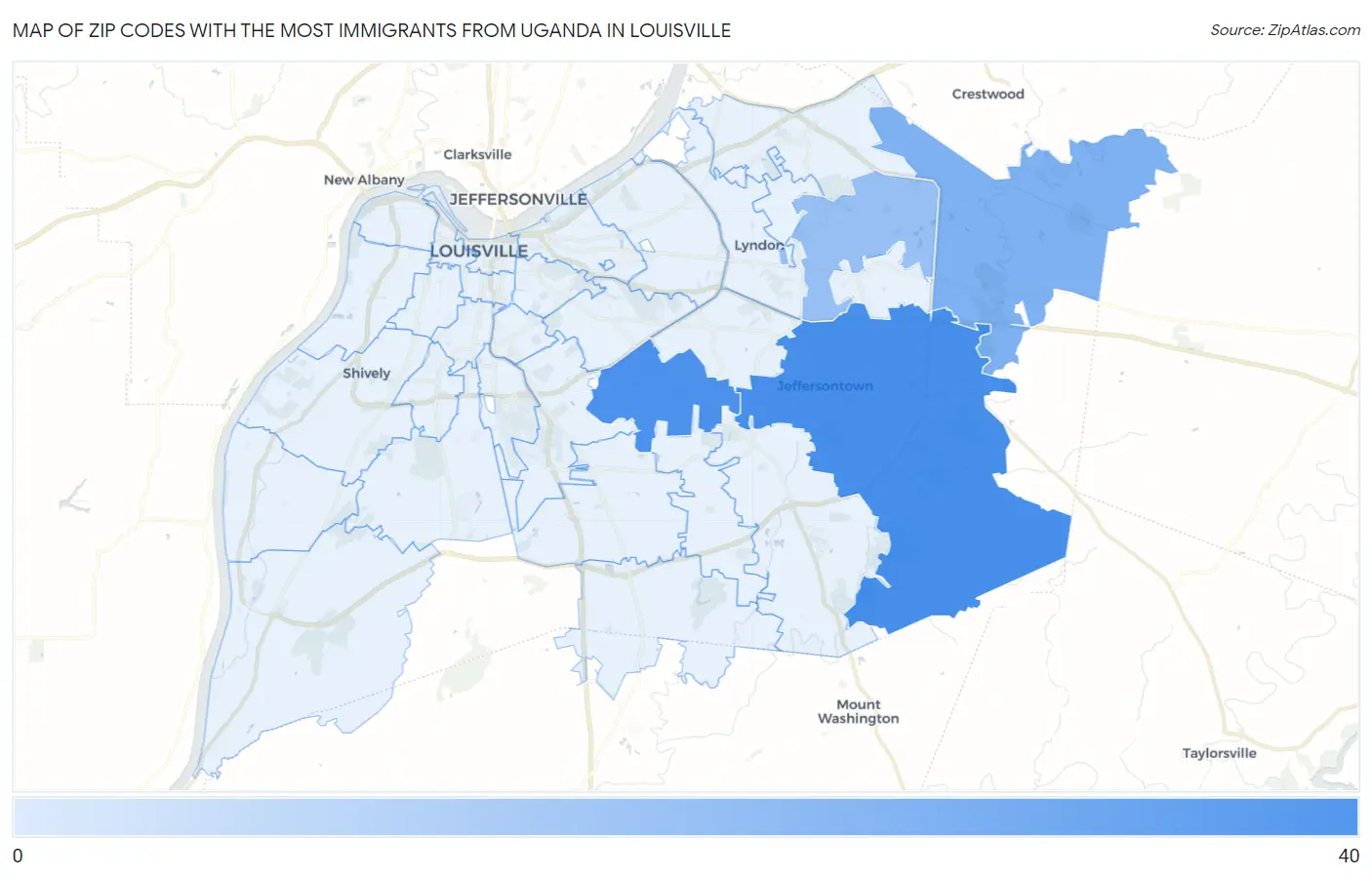 Zip Codes with the Most Immigrants from Uganda in Louisville Map