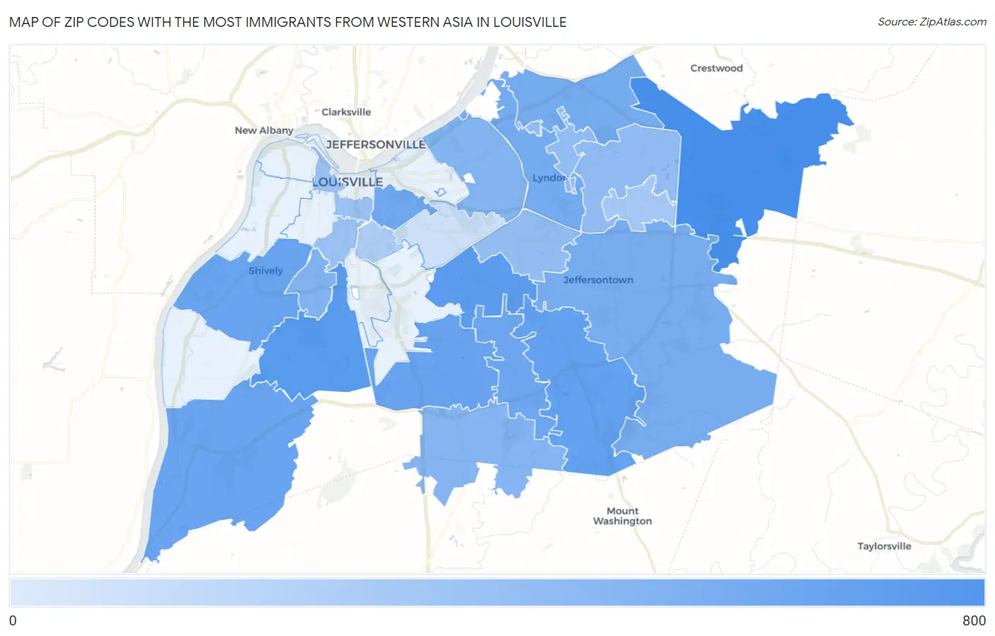 Zip Codes with the Most Immigrants from Western Asia in Louisville Map