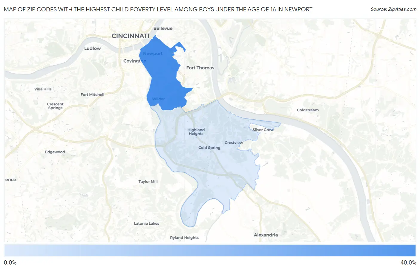 Zip Codes with the Highest Child Poverty Level Among Boys Under the Age of 16 in Newport Map