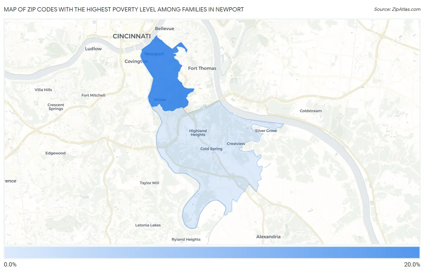Zip Codes with the Highest Poverty Level Among Families in Newport Map