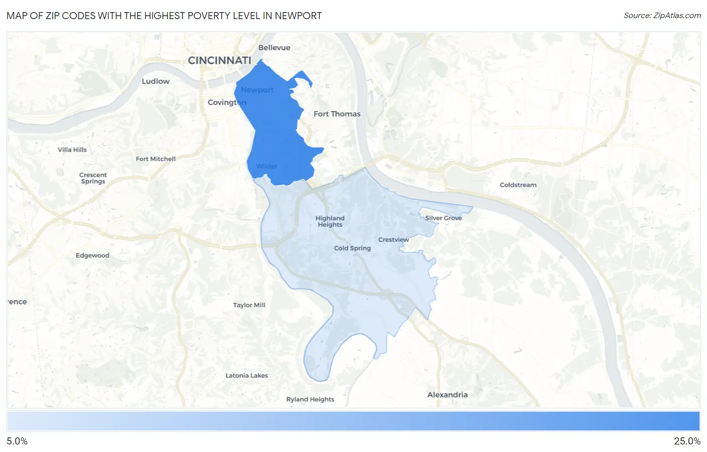 Zip Codes with the Highest Poverty Level in Newport Map
