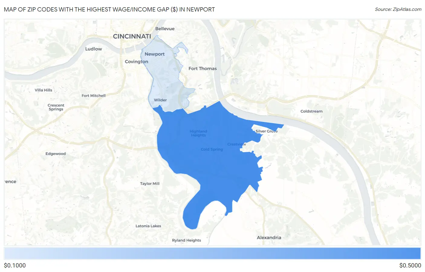 Zip Codes with the Highest Wage/Income Gap ($) in Newport Map