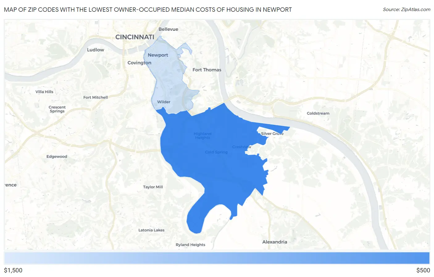 Zip Codes with the Lowest Owner-Occupied Median Costs of Housing in Newport Map