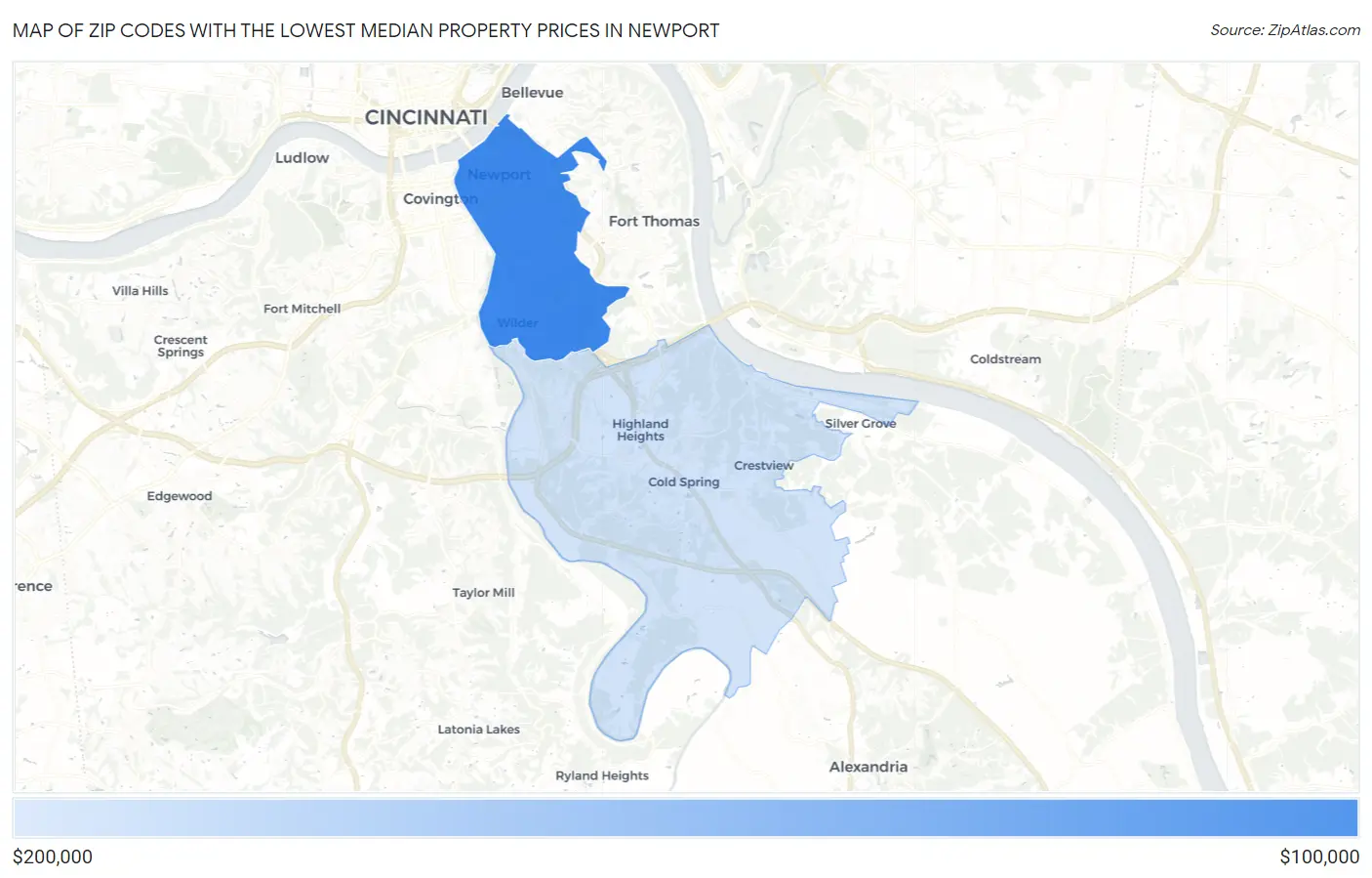 Zip Codes with the Lowest Median Property Prices in Newport Map