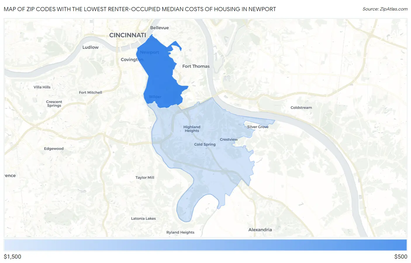 Zip Codes with the Lowest Renter-Occupied Median Costs of Housing in Newport Map