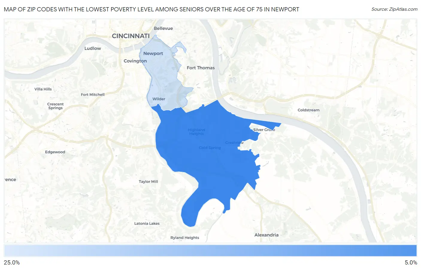 Zip Codes with the Lowest Poverty Level Among Seniors Over the Age of 75 in Newport Map